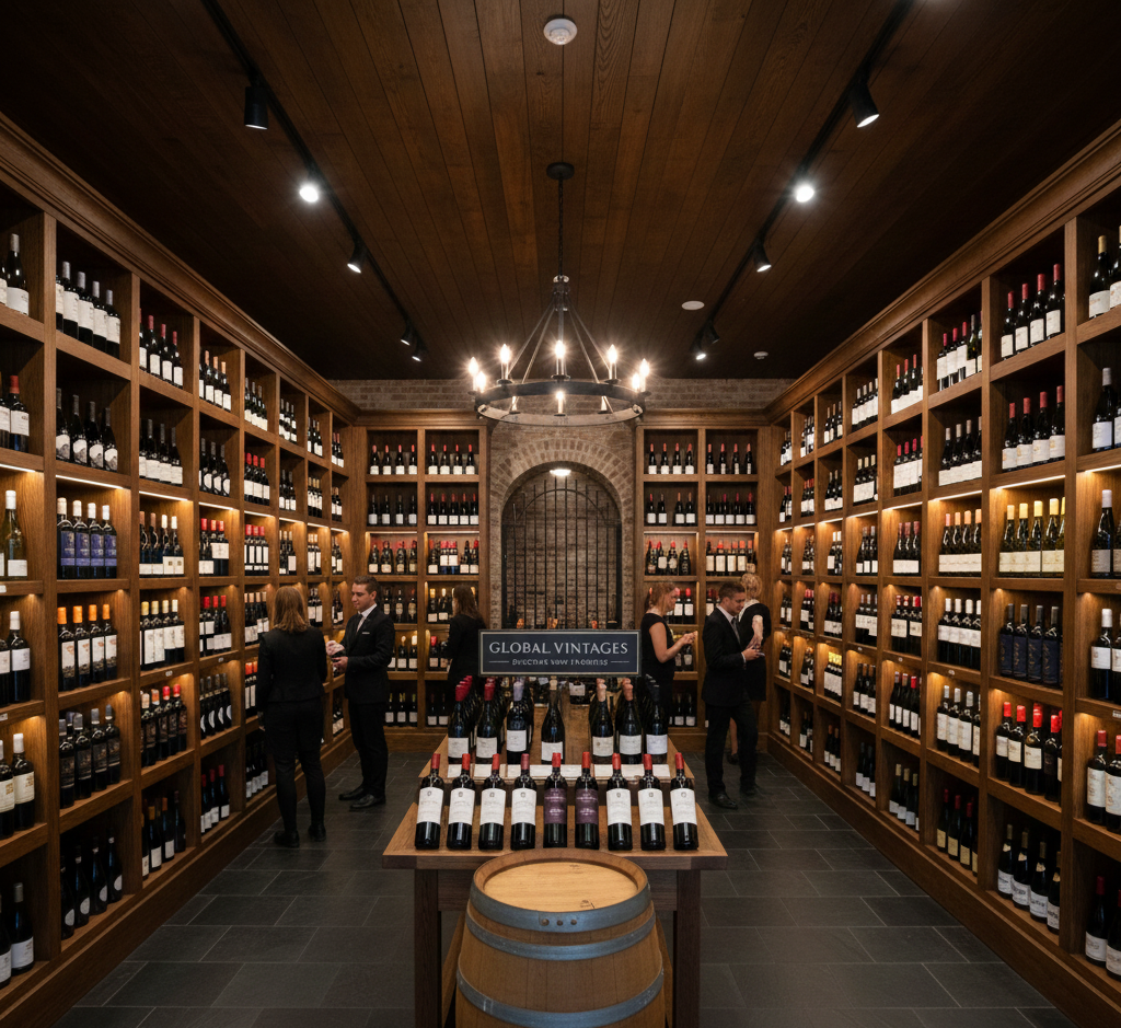 Wine cellar with shelves filled with bottles and a barrel on a table.