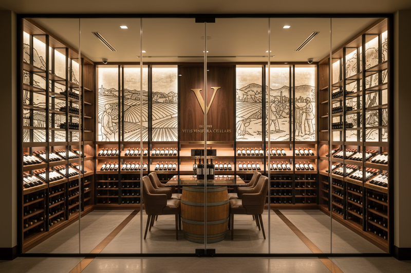 Climate-controlled installation that blend storytelling, brand identity, and functional storage for a  winery