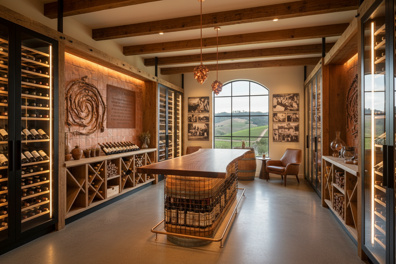 Climate-controlled tasting room that blend storytelling, brand identity, and functional storage for a california eclectic winery