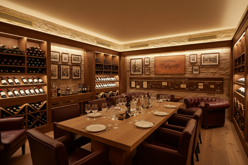 Climate-controlled wine tasting room that blend storytelling, vintage winery brand identity, and functional storage