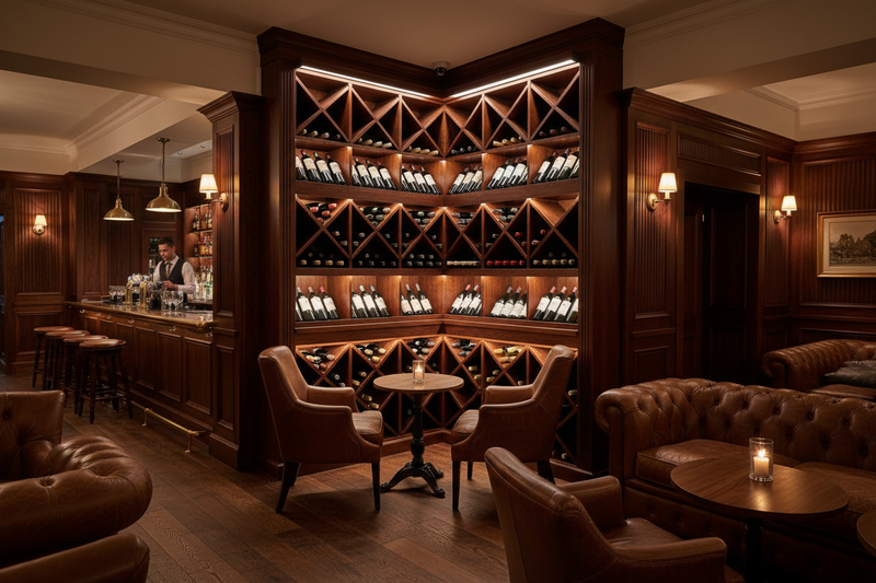 corner wine wall unit in a upscale pub