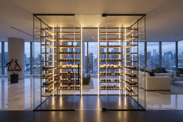 modern glass closet wine storage in luxury penthouse