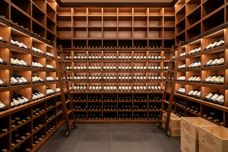 retail wine shop back room designed with floor to ceiling shelving 