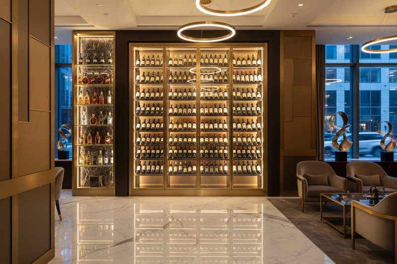wine and liquor display in a fancy nyc hotel lobby