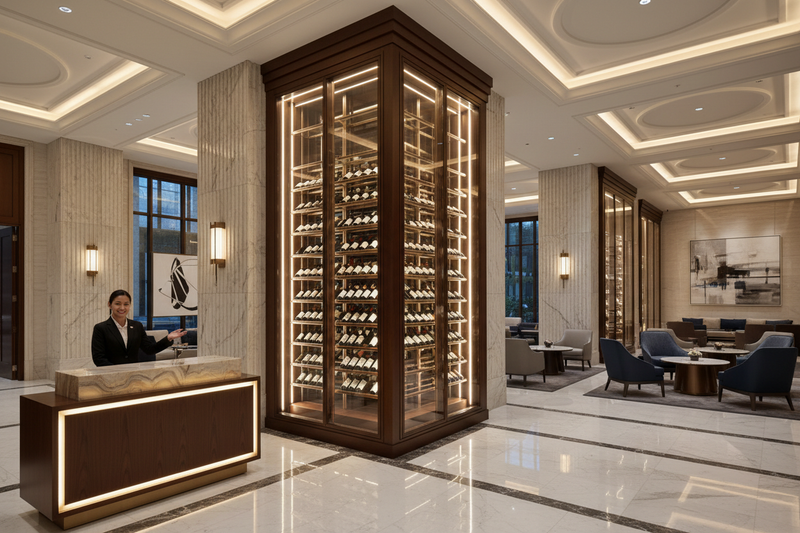 wine display in a hotel lobby 