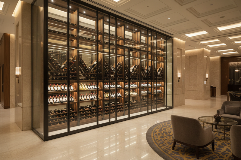 wine storage display in an upscale hotel lobby