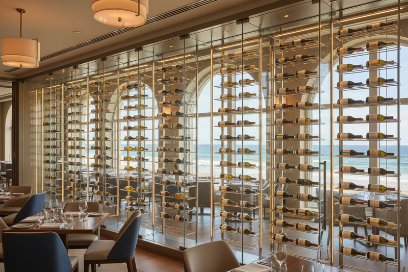 wine wall display in a ocean side fancy restaurant 